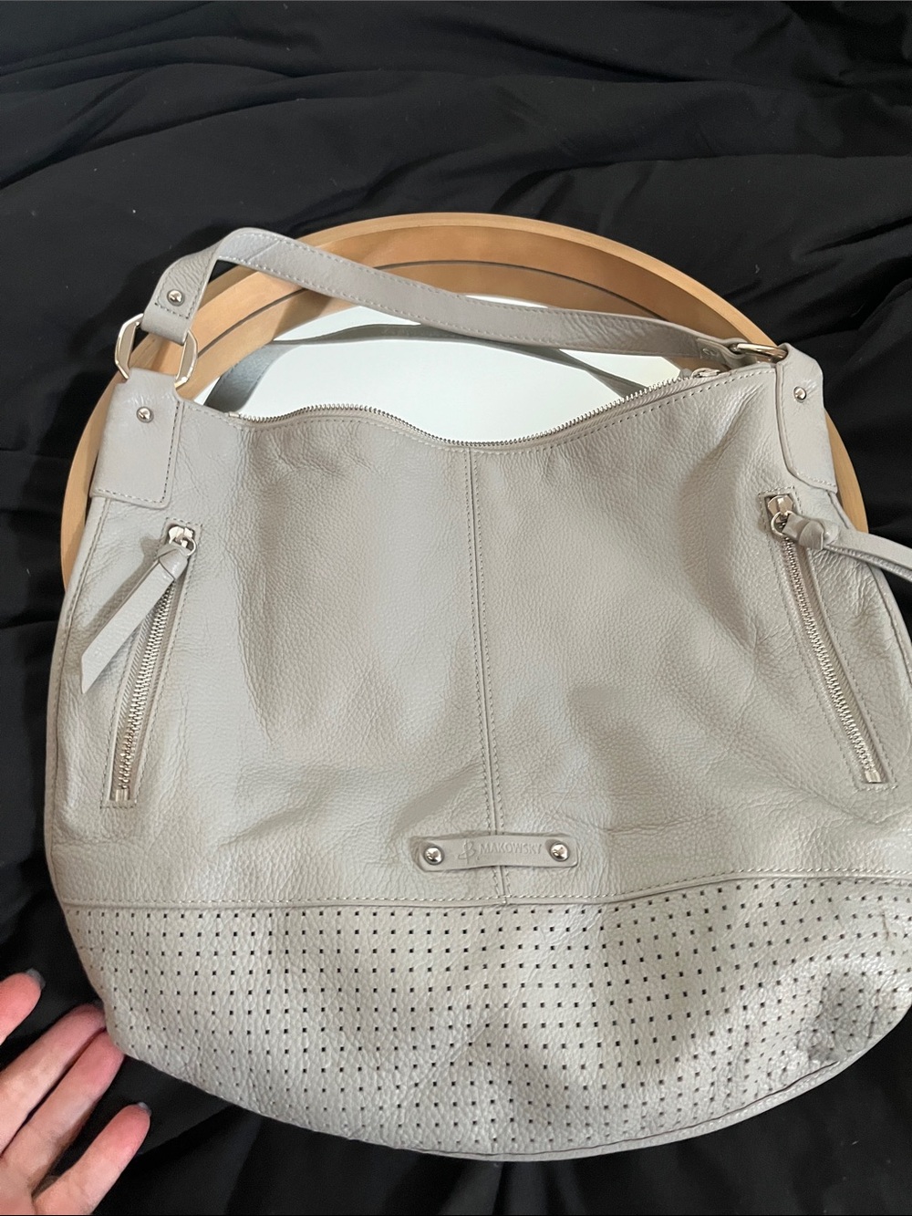 B MAKOWSKY Light Gray Perforated Leather Shoulder Bag
